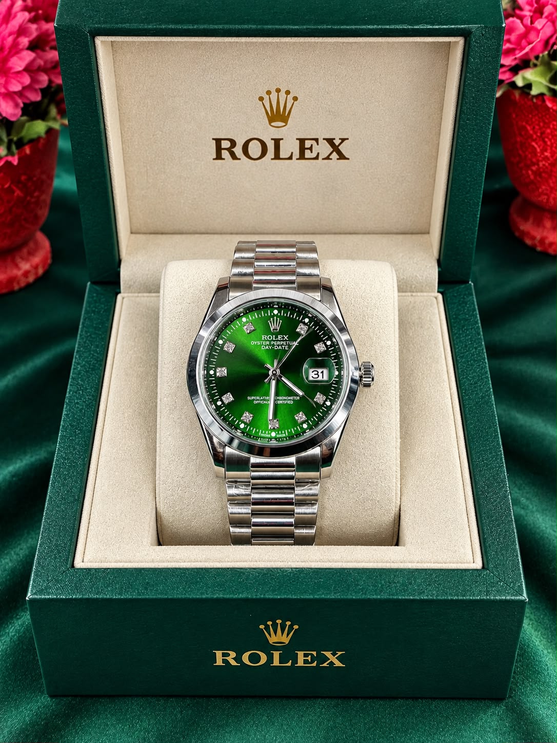 Rolex Luxury-Style Men’s Green & Silver Watch – Butterfly Lock