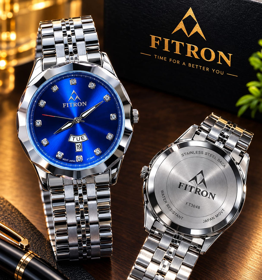 FITRON Premium Stainless Steel Watch | Day & Date Adjustable
