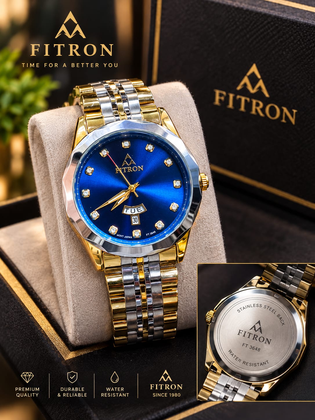 FITRON FT3648 – Luxury 2-Tone Stainless Steel Watch | Day & Date