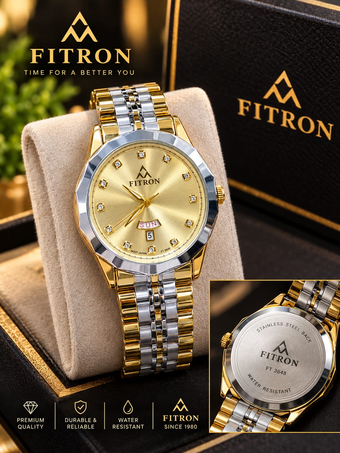 FITRON FT3648 – Luxury 2-Tone Stainless Steel Watch | Day & Date