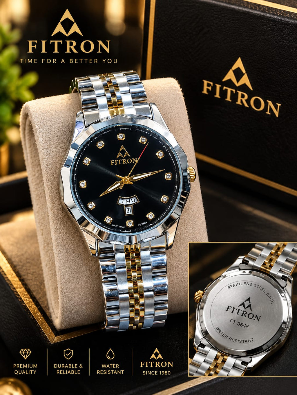 FITRON FT3648 – Luxury 2-Tone Stainless Steel Watch | Day & Date