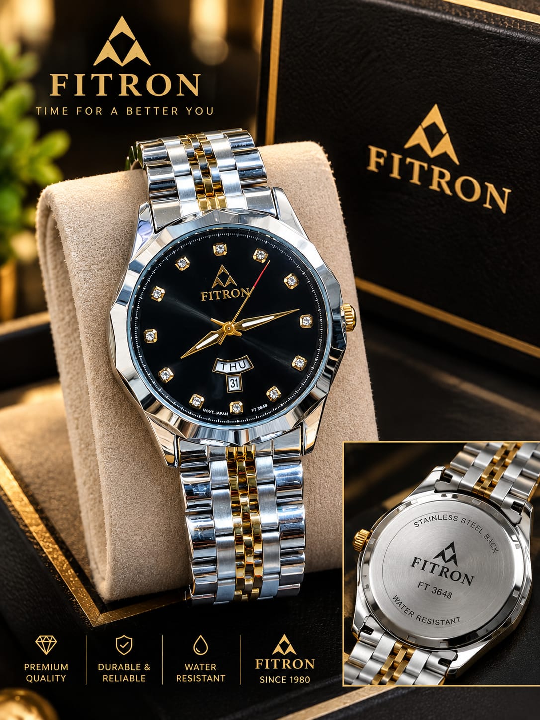 FITRON FT3648 – Luxury 2-Tone Stainless Steel Watch | Day & Date