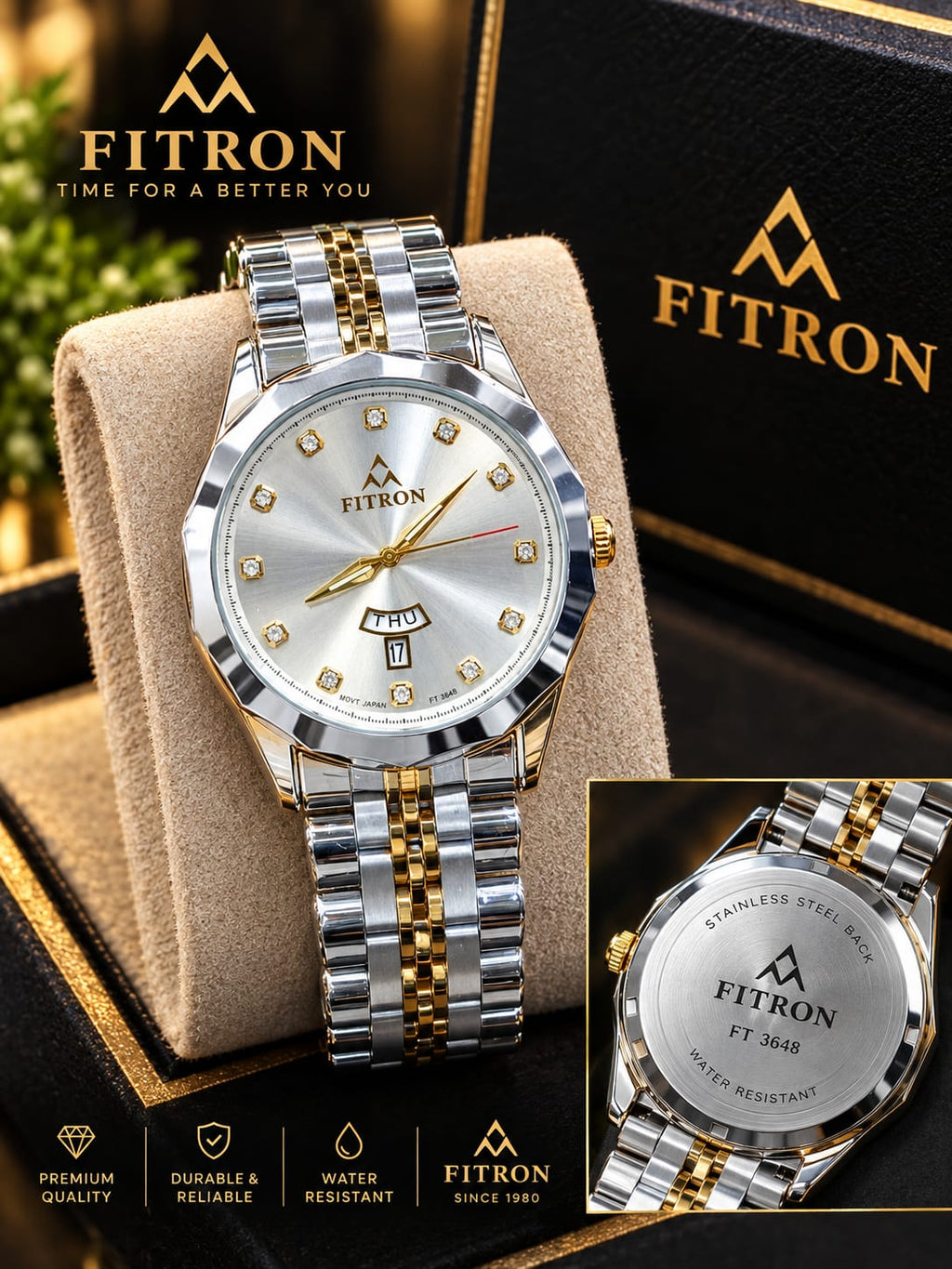 FITRON Premium Stainless Steel Watch | Day & Date Adjustable