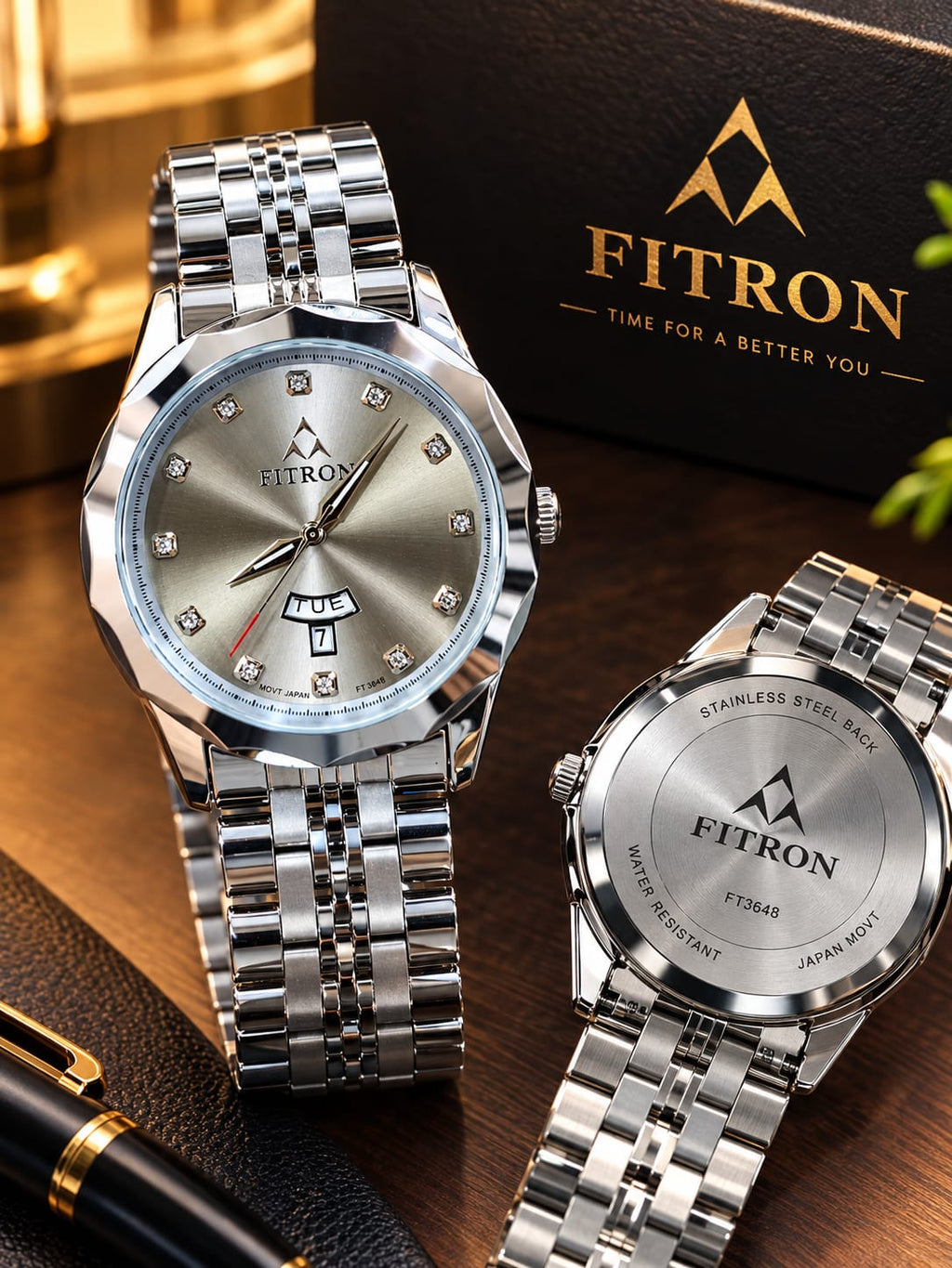 FITRON Premium Stainless Steel Watch | Day & Date Adjustable
